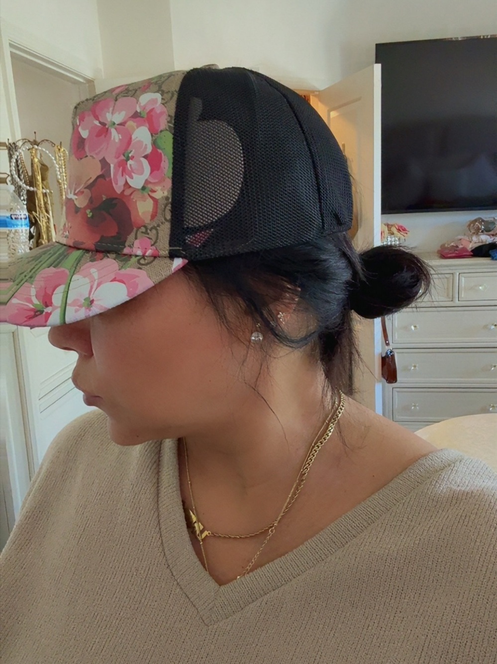Floral GG Canvas Baseball Cap Pink, Green & Coral - Picture 5 of 8
